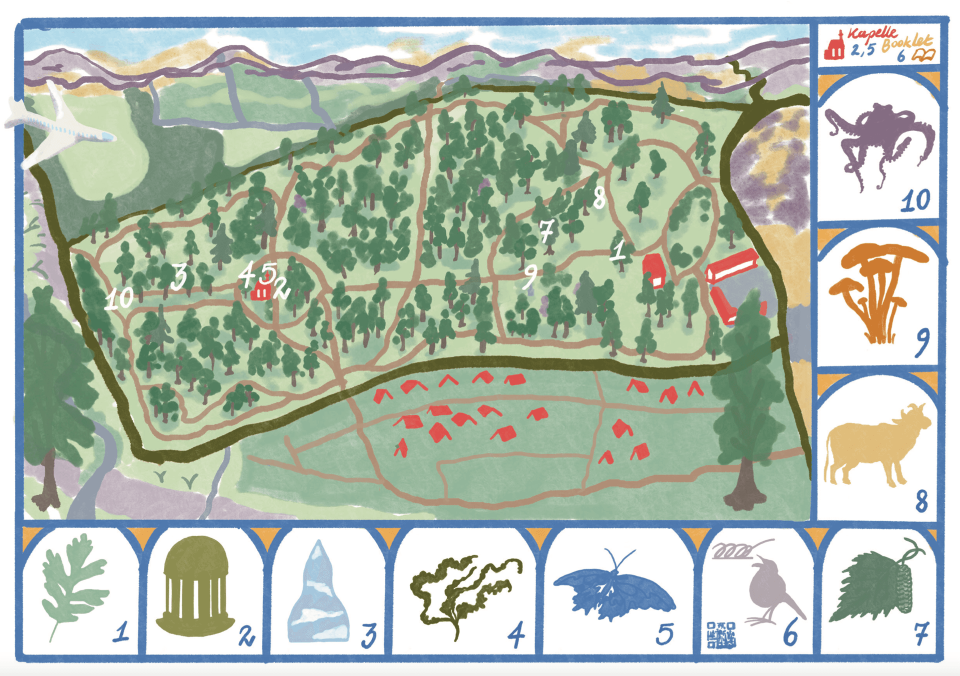 A colourful landscape painting detailing the layout of the park, with trees and a skyline. There is a numbered key around the edge of the painting to signify locations inside the park.