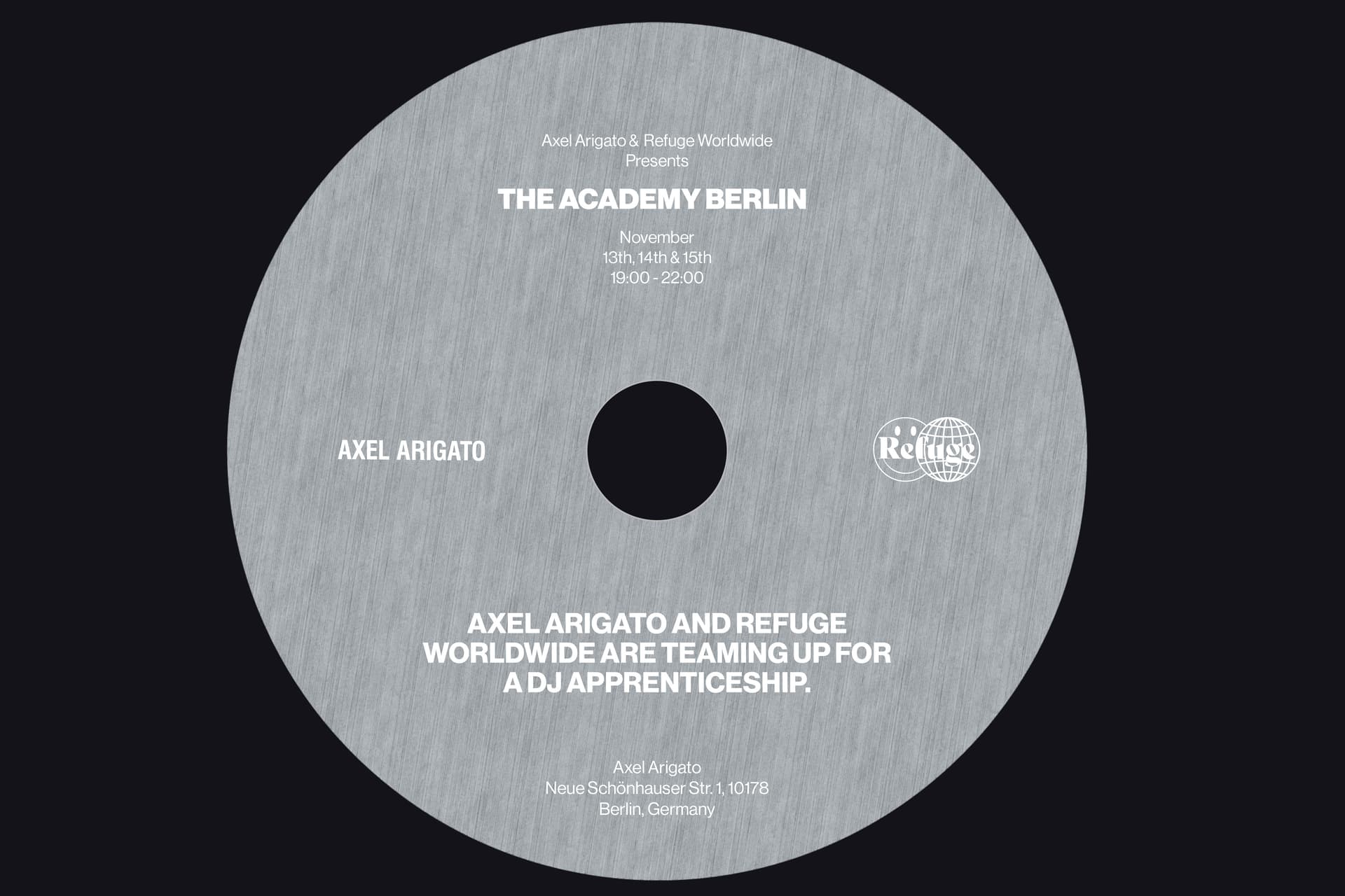 A vinyl record sleeve design on black background, with the Axel Arigato and Refuge Worldwide logos, and text information regarding the workshops.